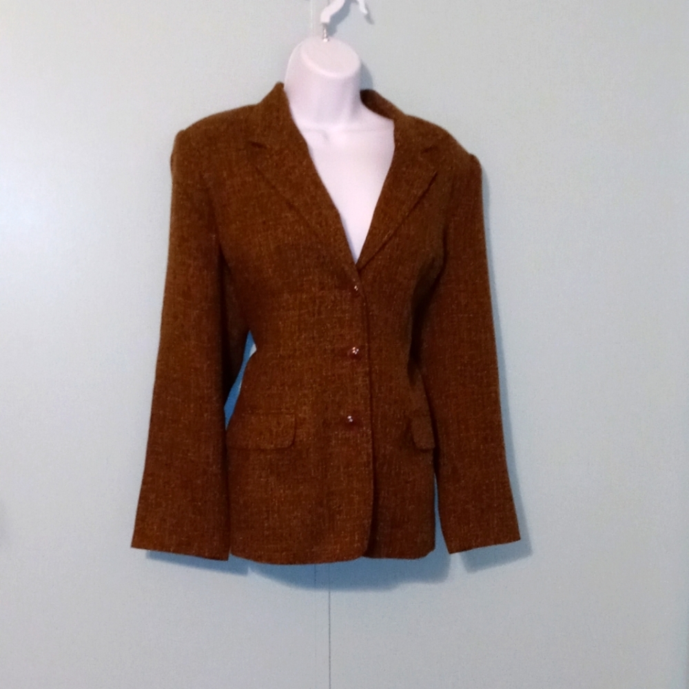 Sag Harbor Petite Jacket Size 14P Dark Brown Shoulder Pads Faux Pockets